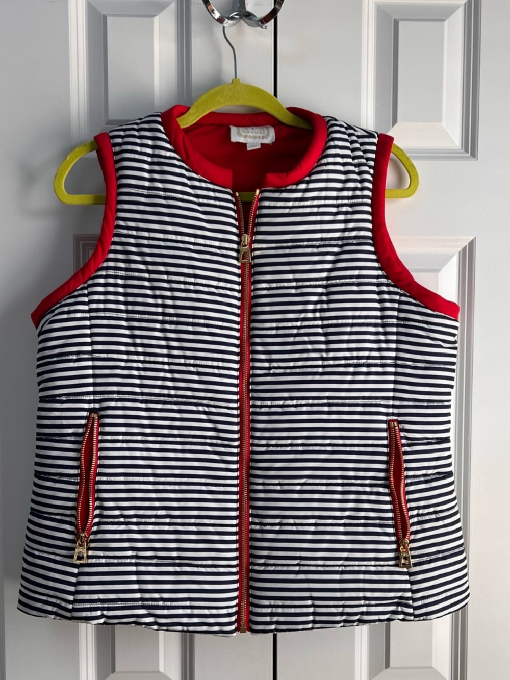 Sail to Sable Navy & White Striped Puffer Vest with Red Trim